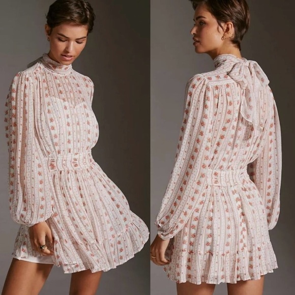 Anthrologie Mock Neck Sheer Mini Dress | Women’s Floral Print Long Sleeve Dress - Picture 1 of 3